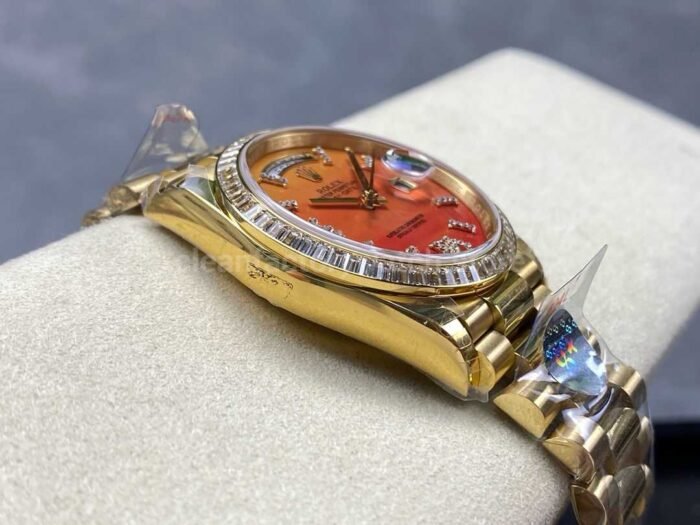 8+ Factory Counterweight Rolex Day-Date 128348RBR-0049 36mm Diamond Yellow Gold Bezel Full Yellow Gold Diamond Roman Numerals Orange Gradient Dial - Image 5