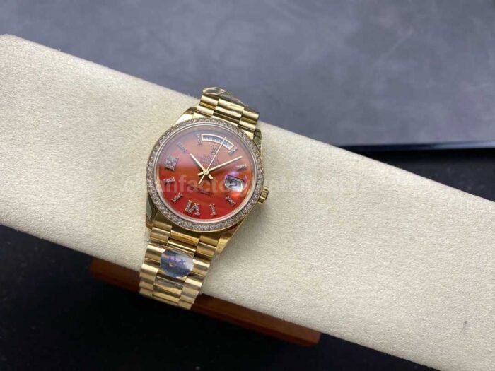 8+ Factory Counterweight Rolex Day-Date 128348RBR-0049 36mm Diamond Yellow Gold Bezel Full Yellow Gold Diamond Roman Numerals Orange Gradient Dial - Image 4