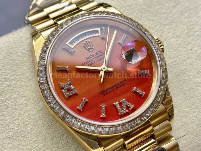 8+ Factory Counterweight Rolex Day-Date 128348RBR-0049 36mm Diamond Yellow Gold Bezel Full Yellow Gold Diamond Roman Numerals Orange Gradient Dial - Image 2
