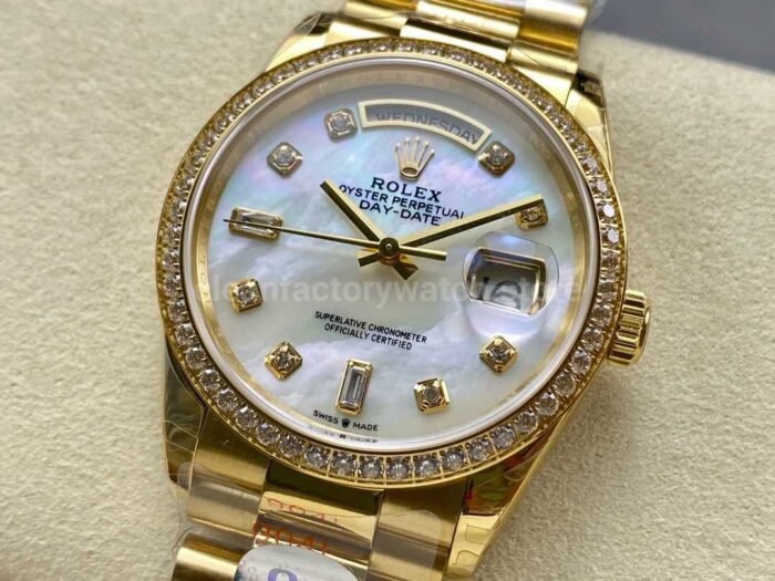 8+ Factory Counterweight Rolex Day-Date 128348RBR-0017 36mm Diamond Bezel Full Yellow Gold Diamond Mope Baguette Diamond Mother Of Pearl Dial - Image 3
