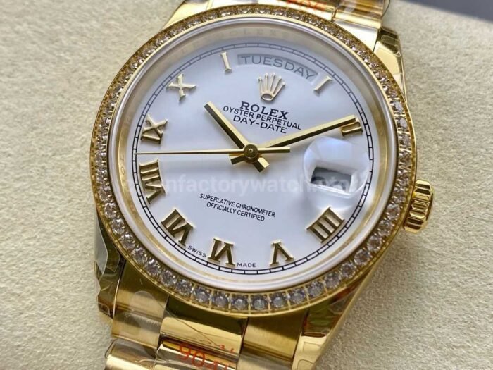 8+ Factory Counterweight Rolex Day-Date 128348RBR-0042 36mm Diamond Bezel Full Yellow Gold Roman Numerals White Dial - Image 3