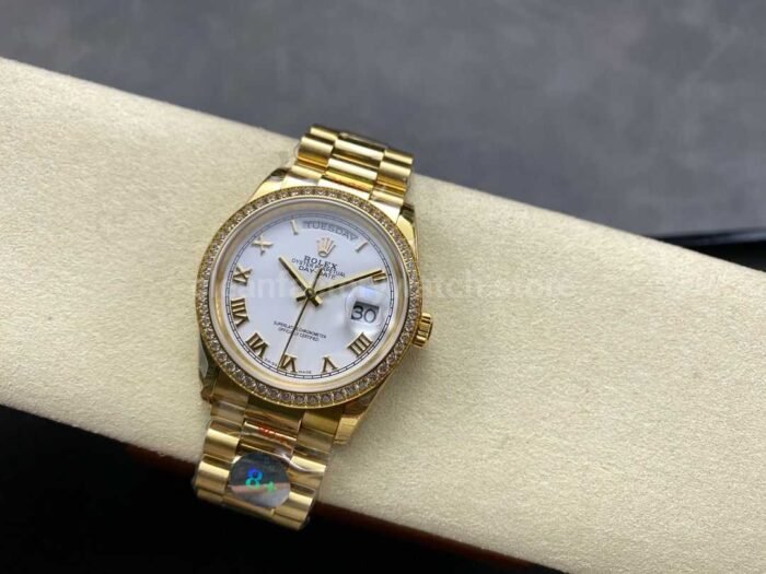 8+ Factory Counterweight Rolex Day-Date 128348RBR-0042 36mm Diamond Bezel Full Yellow Gold Roman Numerals White Dial - Image 4