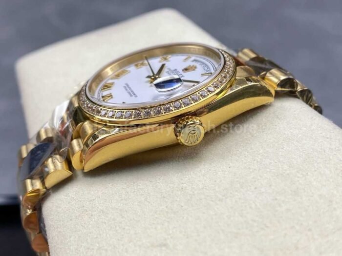 8+ Factory Counterweight Rolex Day-Date 128348RBR-0042 36mm Diamond Bezel Full Yellow Gold Roman Numerals White Dial - Image 6