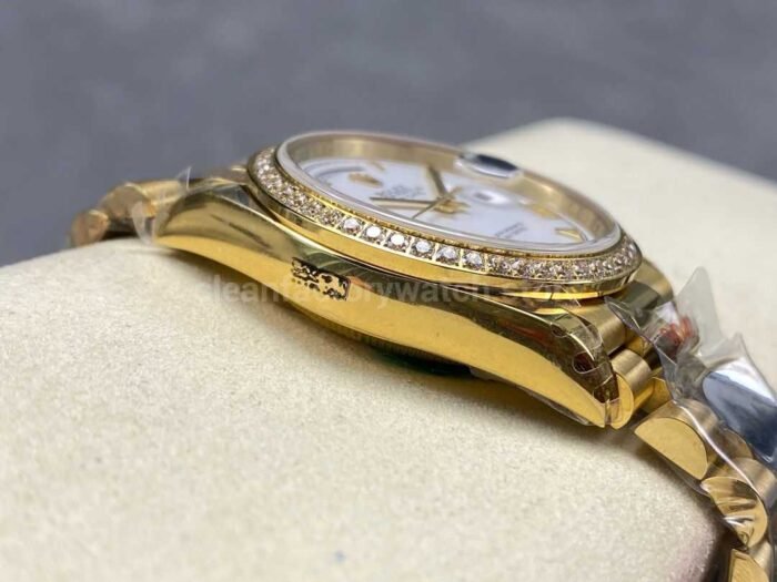 8+ Factory Counterweight Rolex Day-Date 128348RBR-0042 36mm Diamond Bezel Full Yellow Gold Roman Numerals White Dial - Image 5