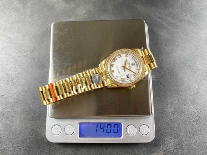 8+ Factory Counterweight Rolex Day-Date 128348RBR-0042 36mm Diamond Bezel Full Yellow Gold Roman Numerals White Dial - Image 9