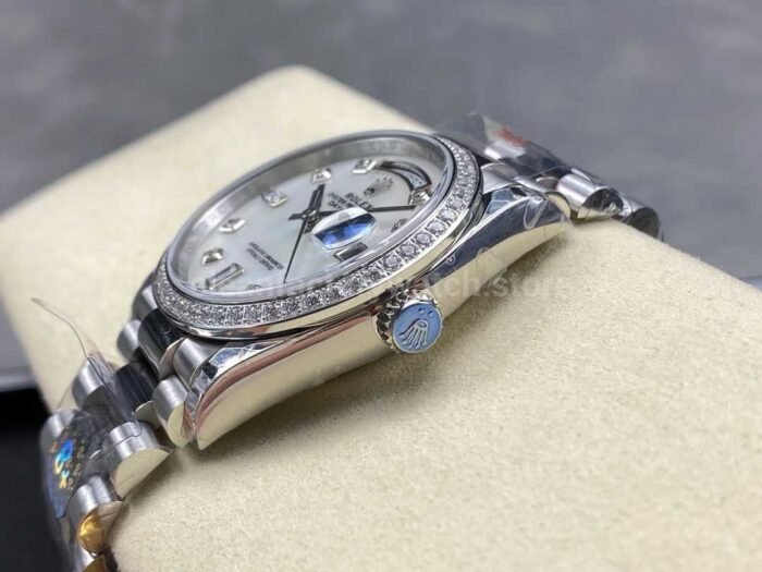 8+ Factory Counterweight Rolex Day-Date 128349RBR-0004 36mm Diamond Bezel Full White Gold Diamond Mope Baguette Diamond Mother Of Pearl Dial - Image 6
