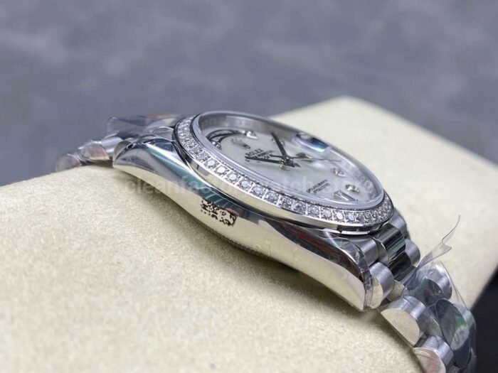 8+ Factory Counterweight Rolex Day-Date 128349RBR-0004 36mm Diamond Bezel Full White Gold Diamond Mope Baguette Diamond Mother Of Pearl Dial - Image 5