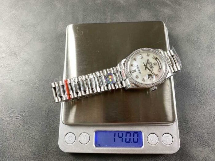 8+ Factory Counterweight Rolex Day-Date 128349RBR-0004 36mm Diamond Bezel Full White Gold Diamond Mope Baguette Diamond Mother Of Pearl Dial - Image 9