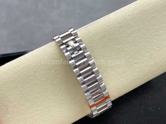 8+ Factory Counterweight Rolex Day-Date 128349RBR-0004 36mm Diamond Bezel Full White Gold Diamond Mope Baguette Diamond Mother Of Pearl Dial - Image 8