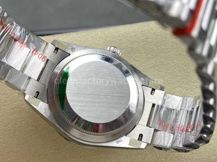 8+ Factory Counterweight Rolex Day-Date 128349RBR-0004 36mm Diamond Bezel Full White Gold Diamond Mope Baguette Diamond Mother Of Pearl Dial - Image 7