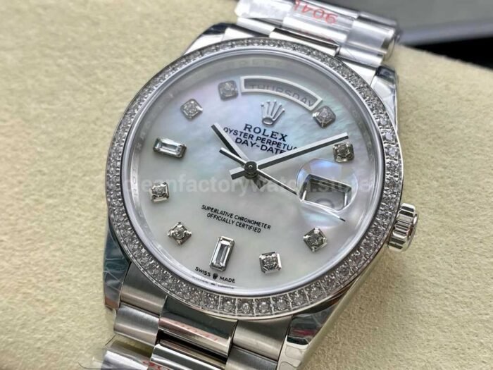 8+ Factory Counterweight Rolex Day-Date 128349RBR-0004 36mm Diamond Bezel Full White Gold Diamond Mope Baguette Diamond Mother Of Pearl Dial - Image 3