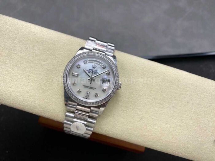 8+ Factory Counterweight Rolex Day-Date 128349RBR-0004 36mm Diamond Bezel Full White Gold Diamond Mope Baguette Diamond Mother Of Pearl Dial - Image 4