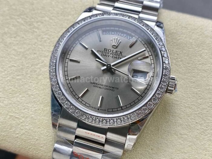 8+ Factory Counterweight Rolex Day-Date 128349RBR-0001 36mm Diamond Bezel Full White Gold Silver Dial - Image 3