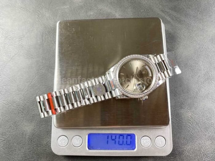 8+ Factory Counterweight Rolex Day-Date 128349RBR-0001 36mm Diamond Bezel Full White Gold Silver Dial - Image 9