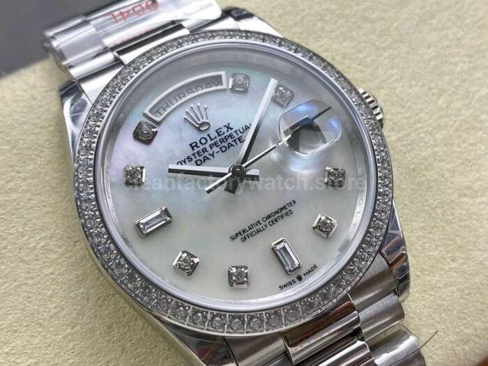 8+ Factory Counterweight Rolex Day-Date 128349RBR-0004 36mm Diamond Bezel Full White Gold Diamond Mope Baguette Diamond Mother Of Pearl Dial - Image 2