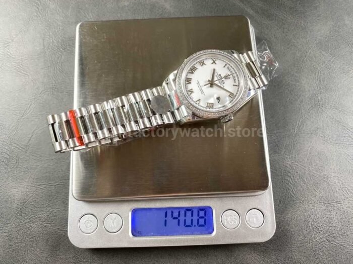 8+ Factory Counterweight Rolex Day-Date 128349RBR-0025 36mm Diamond Bezel Full White Gold Roman Numerals White Dial - Image 9