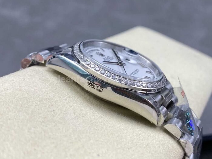 8+ Factory Counterweight Rolex Day-Date 128349RBR-0025 36mm Diamond Bezel Full White Gold Roman Numerals White Dial - Image 5
