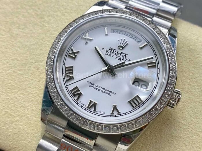 8+ Factory Counterweight Rolex Day-Date 128349RBR-0025 36mm Diamond Bezel Full White Gold Roman Numerals White Dial - Image 3