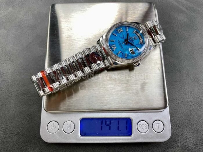 8+ Factory Counterweight Rolex Day-Date 128349RBR-0031 36mm Diamond Bezel Full 904L Roman Number Blue Dial - Image 9