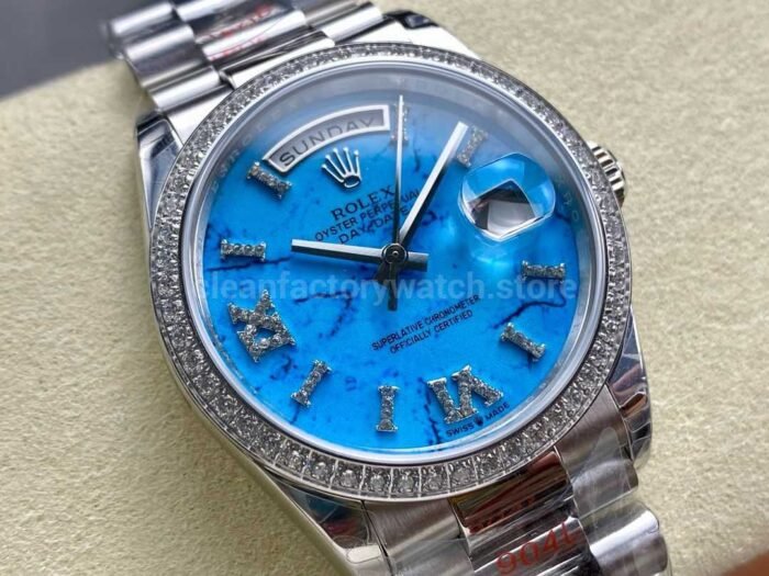 8+ Factory Counterweight Rolex Day-Date 128349RBR-0031 36mm Diamond Bezel Full 904L Roman Number Blue Dial - Image 2