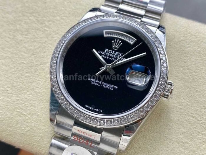 8+ Factory Counterweight Rolex Day-Date 18206 36mm Diamond Bezel Full White Gold Black Dial - Image 3