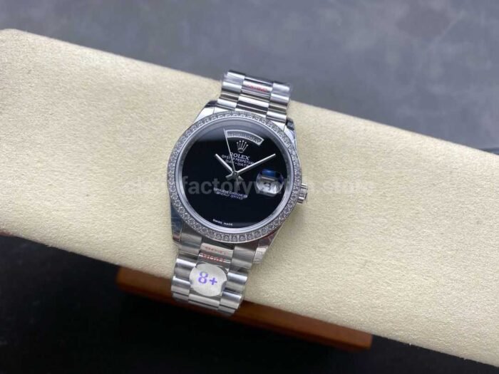 8+ Factory Counterweight Rolex Day-Date 18206 36mm Diamond Bezel Full White Gold Black Dial - Image 4