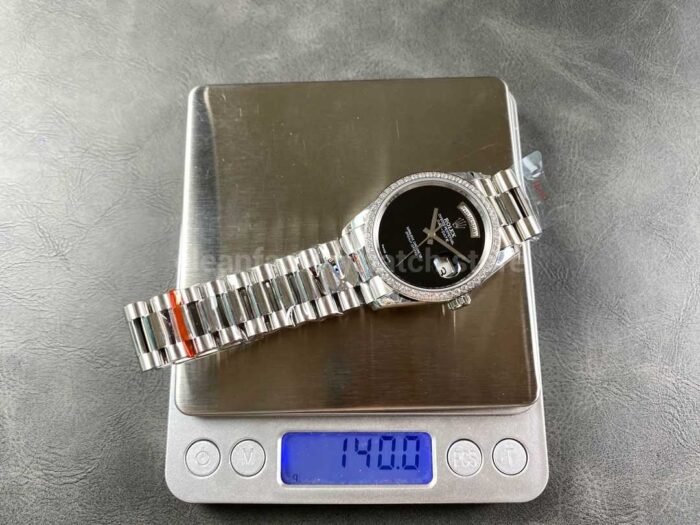 8+ Factory Counterweight Rolex Day-Date 18206 36mm Diamond Bezel Full White Gold Black Dial - Image 9