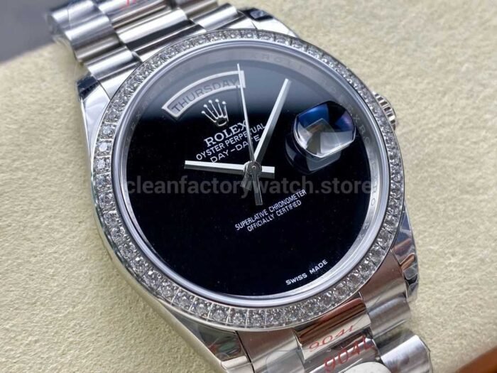 8+ Factory Counterweight Rolex Day-Date 18206 36mm Diamond Bezel Full White Gold Black Dial - Image 2