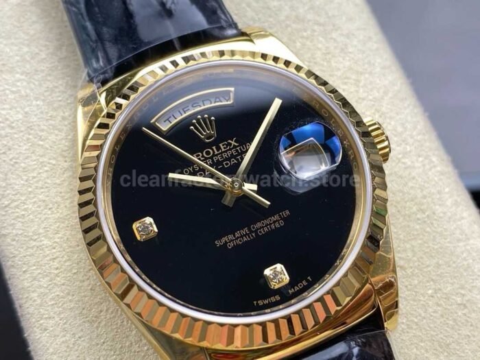 8+ Factory Counterweight Rolex Day-Date 36mm 18238 Yellow Gold Crocodile Leather Strap Diamond Mope Black Dial - Image 2