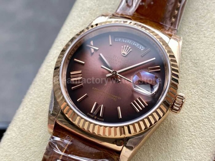 8+ Factory counterweight Rolex Day-Date 36mm 128235-0075 Rose Gold Crocodile Leather Strap Roman Numerals Brown Ombré Dial - Image 3