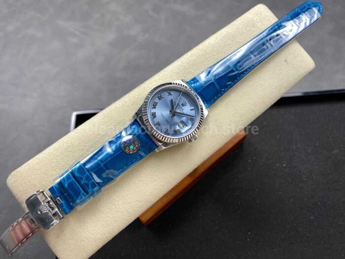 8+ Factory counterweight Rolex Day-Date 36mm 128236-0008 White Gold Crocodile Leather Strap Roman Numerals Ice Blue Dial - Image 4
