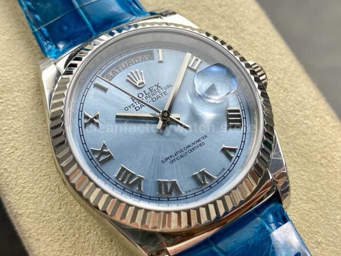 8+ Factory counterweight Rolex Day-Date 36mm 128236-0008 White Gold Crocodile Leather Strap Roman Numerals Ice Blue Dial - Image 2