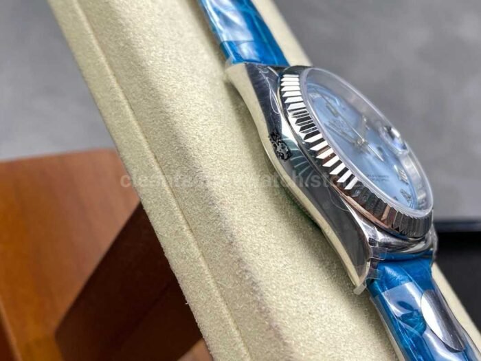 8+ Factory counterweight Rolex Day-Date 36mm 128236-0008 White Gold Crocodile Leather Strap Roman Numerals Ice Blue Dial - Image 5
