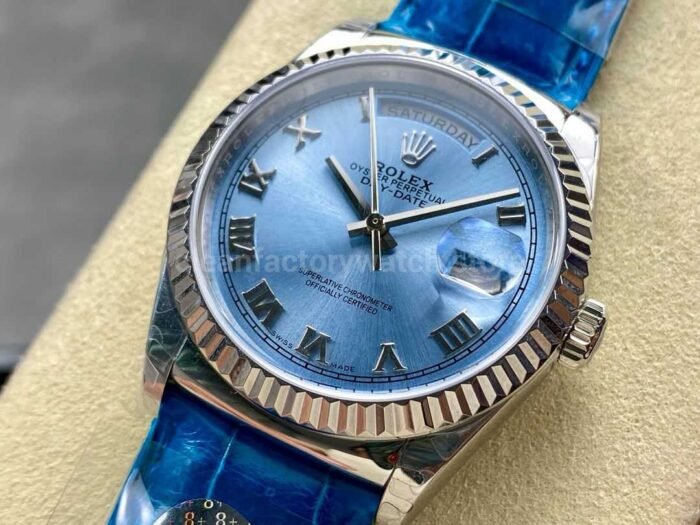 8+ Factory counterweight Rolex Day-Date 36mm 128236-0008 White Gold Crocodile Leather Strap Roman Numerals Ice Blue Dial - Image 3