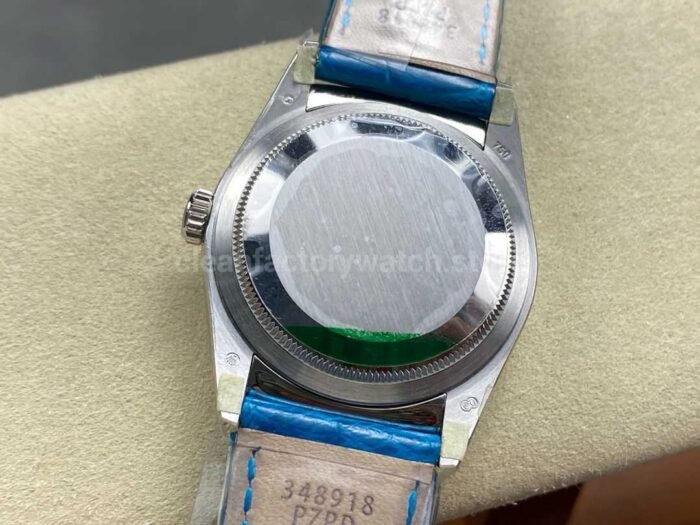 8+ Factory counterweight Rolex Day-Date 36mm 128236-0009 White Gold Crocodile Leather Strap Baguette Diamond Ice Blue Dial - Image 7