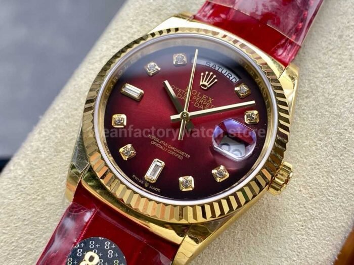 8+ Factory counterweight Rolex Day-Date 36mm 128238 Yellow Gold Crocodile Leather Strap Diamond Mope Baguette Diamond Red Ombré Dial - Image 3