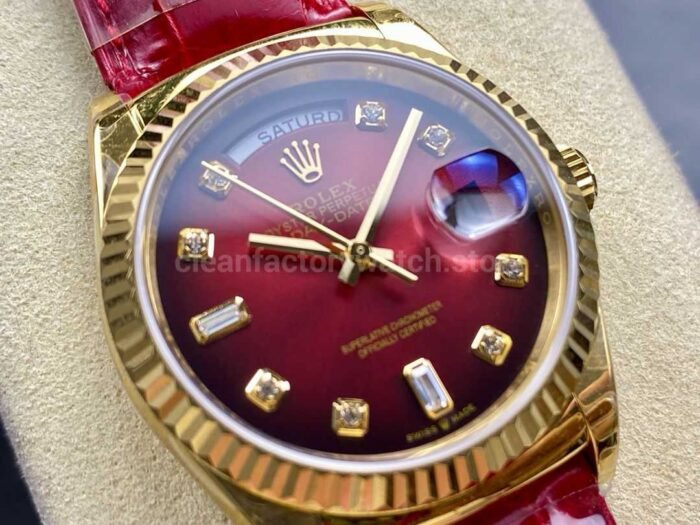 8+ Factory counterweight Rolex Day-Date 36mm 128238 Yellow Gold Crocodile Leather Strap Diamond Mope Baguette Diamond Red Ombré Dial - Image 2