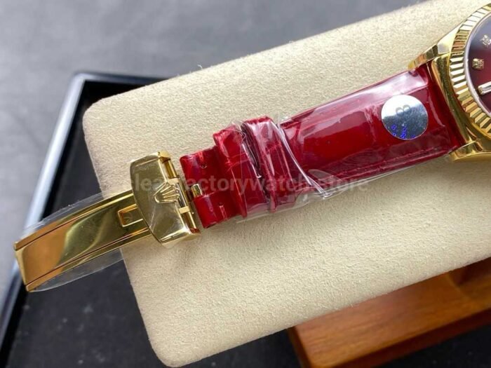 8+ Factory counterweight Rolex Day-Date 36mm 128238 Yellow Gold Crocodile Leather Strap Diamond Mope Baguette Diamond Red Ombré Dial - Image 8