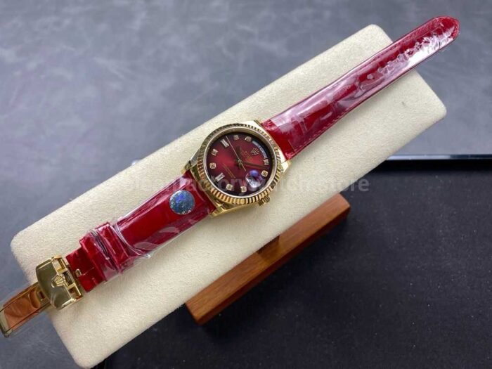 8+ Factory counterweight Rolex Day-Date 36mm 128238 Yellow Gold Crocodile Leather Strap Diamond Mope Baguette Diamond Red Ombré Dial - Image 4