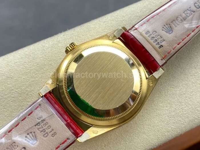 8+ Factory counterweight Rolex Day-Date 36mm 128238 Yellow Gold Crocodile Leather Strap Diamond Mope Baguette Diamond Red Ombré Dial - Image 7