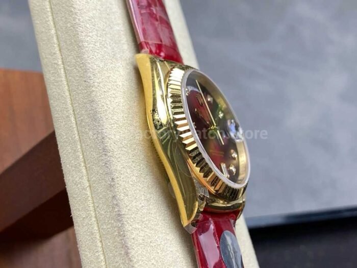 8+ Factory counterweight Rolex Day-Date 36mm 128238 Yellow Gold Crocodile Leather Strap Diamond Mope Baguette Diamond Red Ombré Dial - Image 5