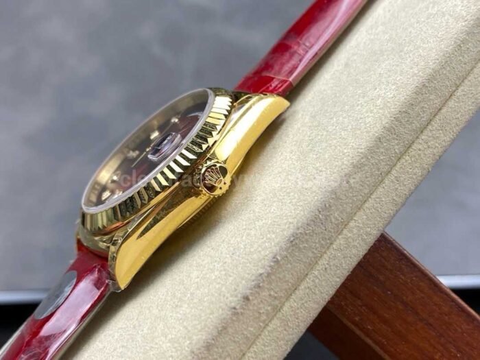 8+ Factory counterweight Rolex Day-Date 36mm 128238 Yellow Gold Crocodile Leather Strap Diamond Mope Baguette Diamond Red Ombré Dial - Image 6