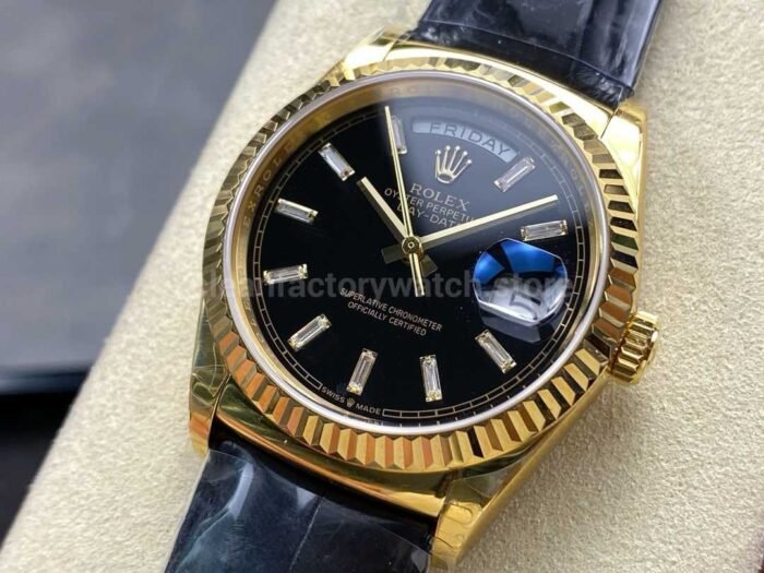 8+ Factory counterweight Rolex Day-Date 36mm 128238 Yellow Gold Crocodile Leather Strap Baguette Diamond Black Dial - Image 3