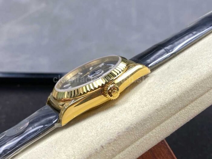 8+ Factory counterweight Rolex Day-Date 36mm 128238 Yellow Gold Crocodile Leather Strap Baguette Diamond Black Dial - Image 6