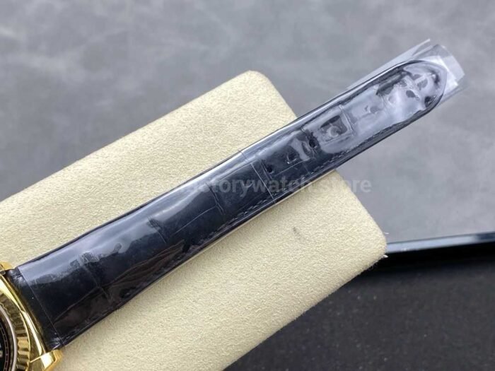 8+ Factory counterweight Rolex Day-Date 36mm 128238 Yellow Gold Crocodile Leather Strap Baguette Diamond Black Dial - Image 8