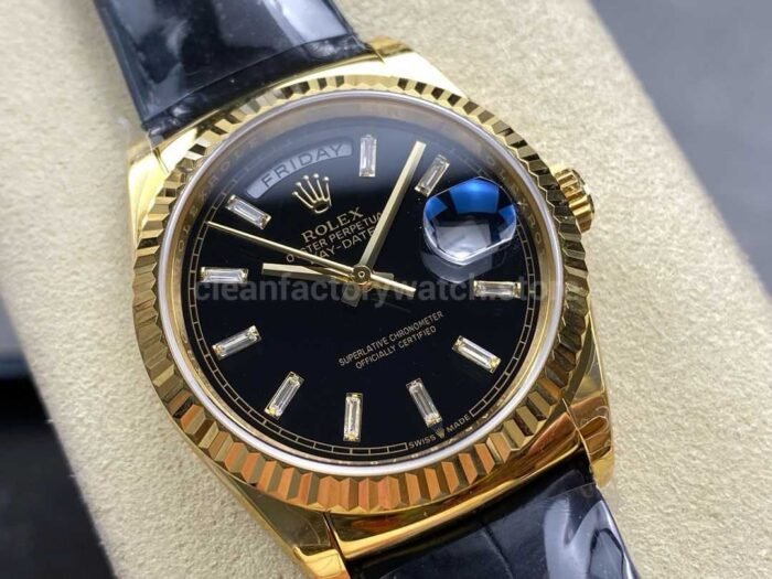 8+ Factory counterweight Rolex Day-Date 36mm 128238 Yellow Gold Crocodile Leather Strap Baguette Diamond Black Dial - Image 2
