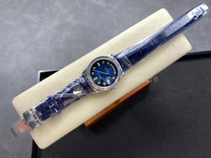 8+ Factory counterweight Rolex Day-Date 36mm 128239-0023 White Gold Crocodile Leather Strap Diamond Mope Baguette Diamond Blue Ombré Dial - Image 4