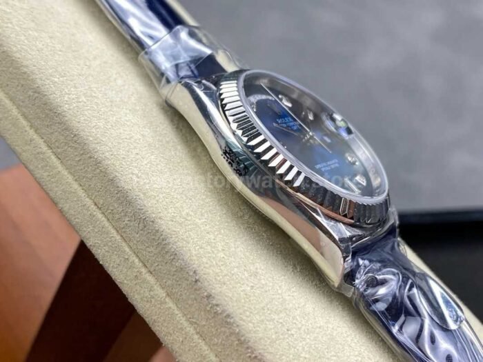 8+ Factory counterweight Rolex Day-Date 36mm 128239-0023 White Gold Crocodile Leather Strap Diamond Mope Baguette Diamond Blue Ombré Dial - Image 5