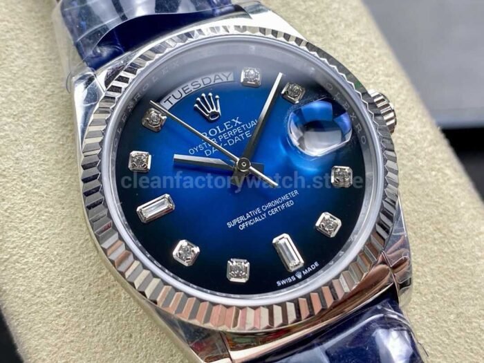 8+ Factory counterweight Rolex Day-Date 36mm 128239-0023 White Gold Crocodile Leather Strap Diamond Mope Baguette Diamond Blue Ombré Dial - Image 2