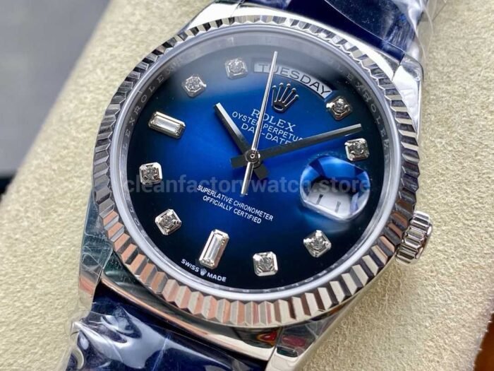 8+ Factory counterweight Rolex Day-Date 36mm 128239-0023 White Gold Crocodile Leather Strap Diamond Mope Baguette Diamond Blue Ombré Dial - Image 3